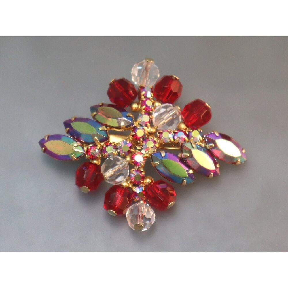 Vintage Rhinestone & Crystals Purple AB Red Brooch Cha Cha